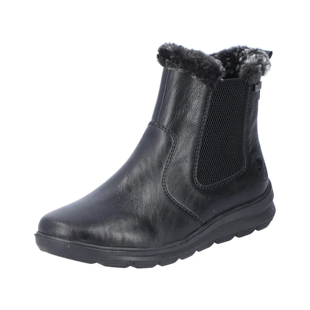 Rieker Z0061-00 Women's Black Water-Resistant Side Zip Ankle Boots with Faux Fur Trim