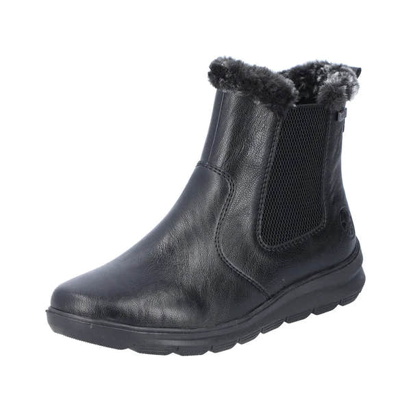 Rieker Z0061-00 Women's Black Water-Resistant Side Zip Ankle Boots with Faux Fur Trim