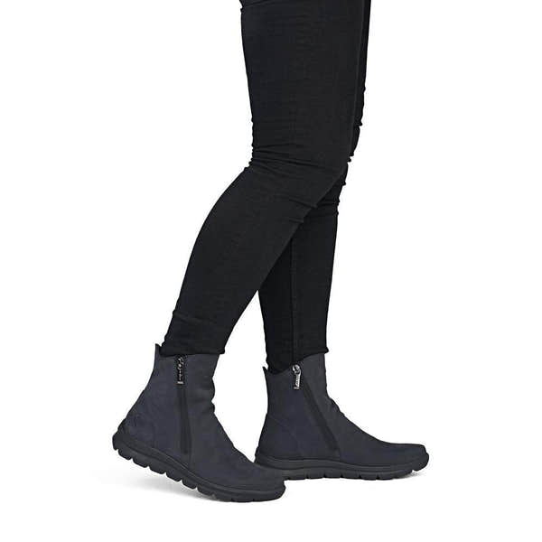 Rieker Z0068-14 women's navy suede side zip ankle boots, on-foot lifestyle view.