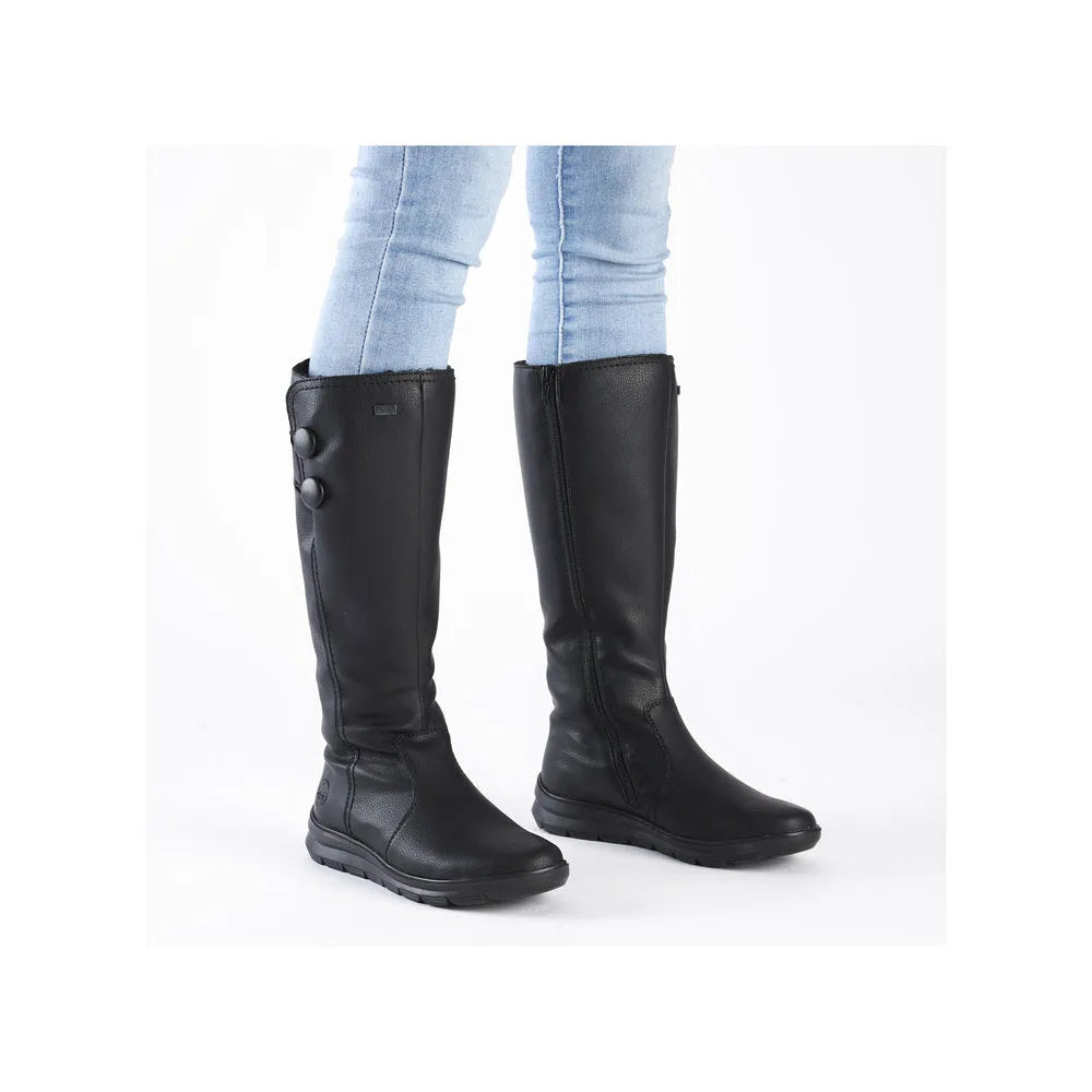 Rieker Z0090-00 women's black water-resistant knee-high boots with side zips and decorative buttons, stylish and practical footwear.
