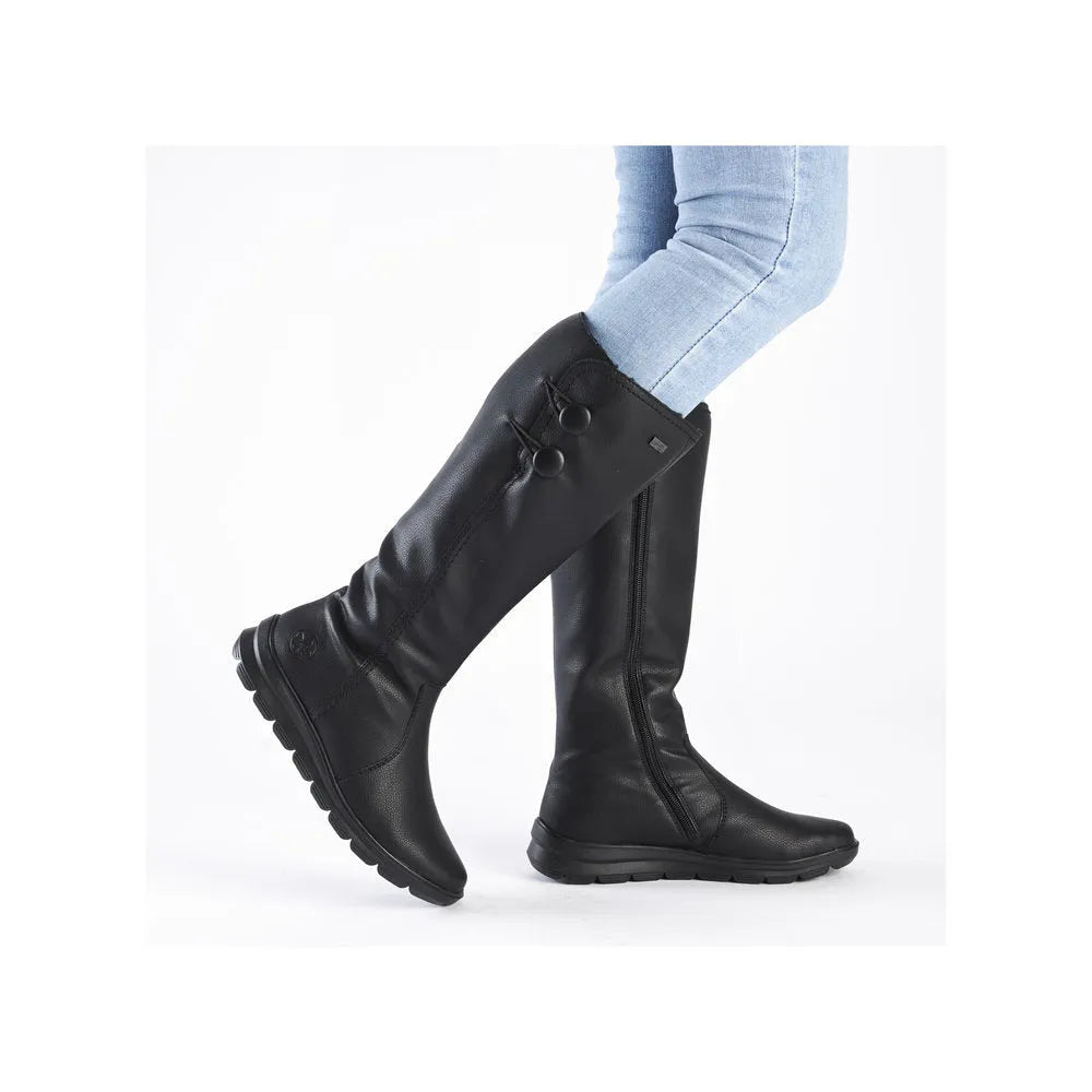 Rieker Z0090-00 women's black water-resistant knee-high boots with side zipper and toggle closure, stylish and practical footwear.