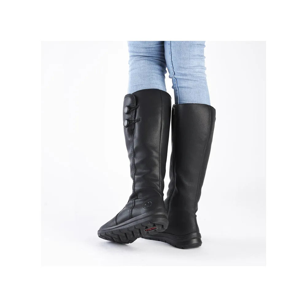 Rieker Z0090-00 black water-resistant knee-high boots with side zippers for women, featuring a durable sole and stylish design.