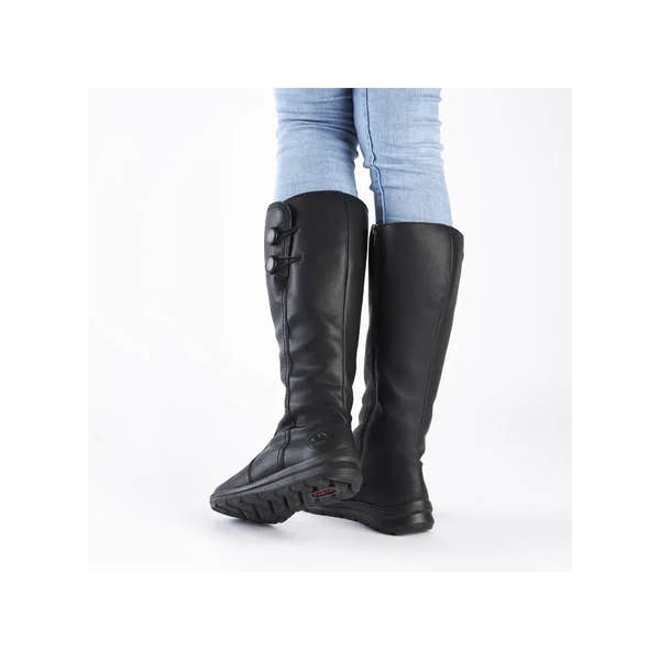 Rieker Z0090-00 black water-resistant knee-high boots with side zippers for women, featuring a durable sole and stylish design.