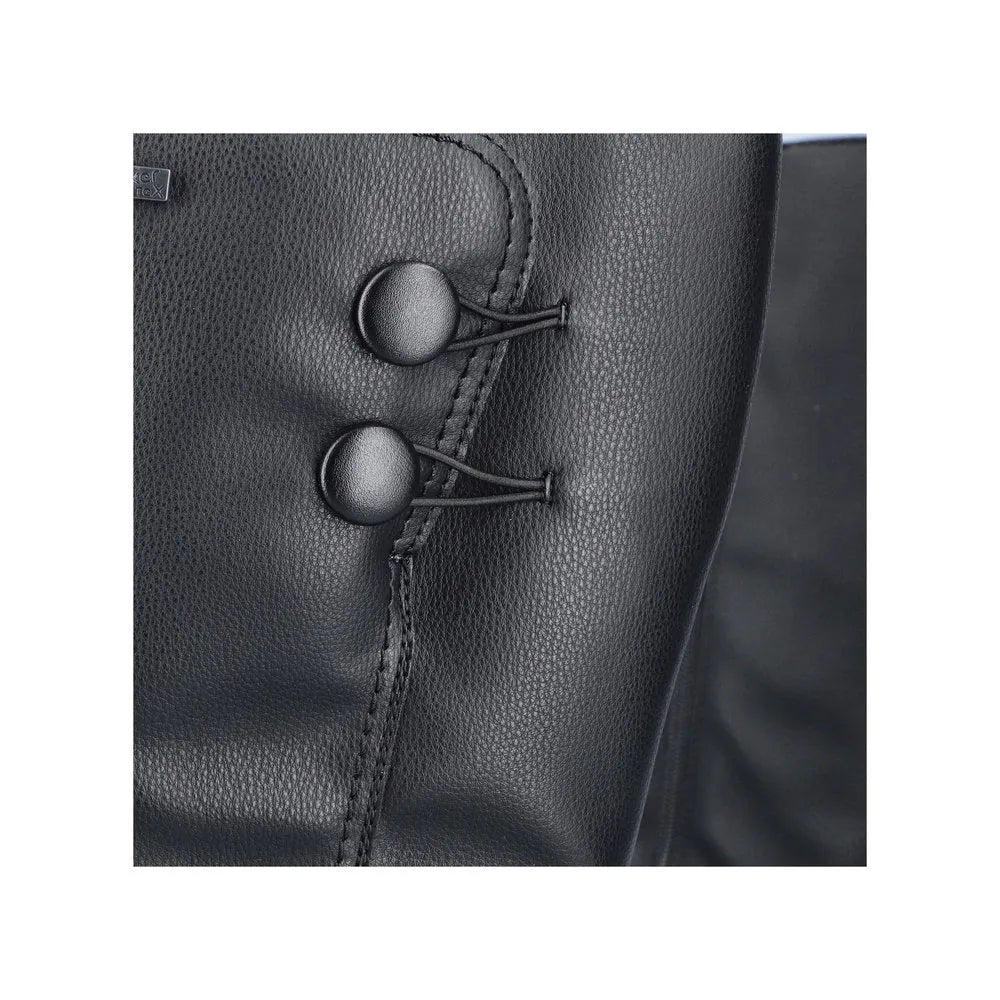 Rieker Z0090-00 women's black water-resistant knee-high boots with side zippers and toggle fastenings.