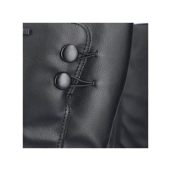 Rieker Z0090-00 women's black water-resistant knee-high boots with side zippers and toggle fastenings.