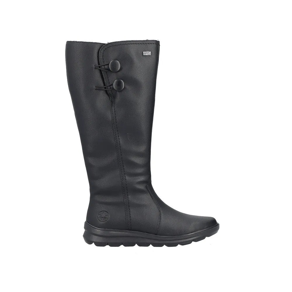 Rieker Z0090-00 Ladies Black Water-Resistant Knee-High Boots with Side Zipper and Toning Sole