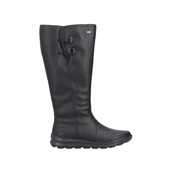 Rieker Z0090-00 Ladies Black Water-Resistant Knee-High Boots with Side Zipper and Toning Sole