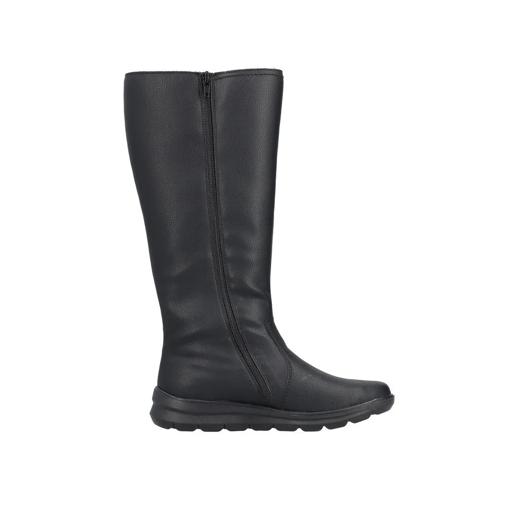 Rieker Z0090-00 women's black water-resistant knee-high boots with side zipper and slip-resistant sole.