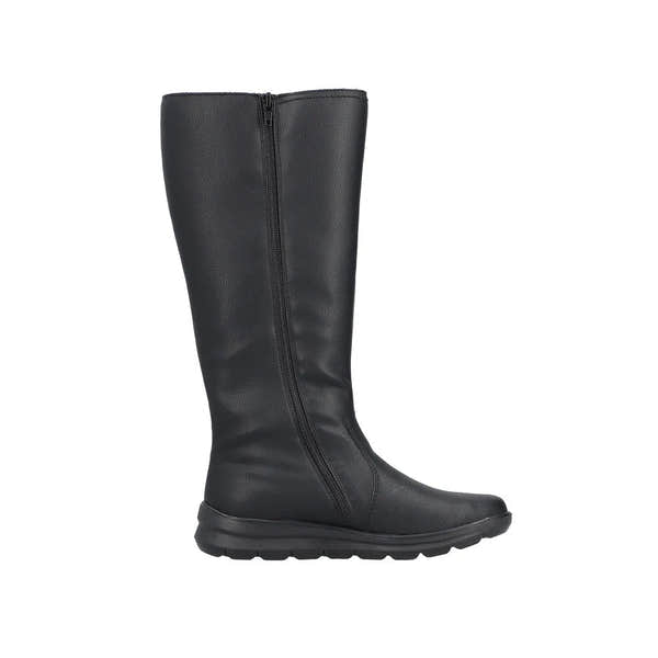 Rieker Z0090-00 women's black water-resistant knee-high boots with side zipper and slip-resistant sole.