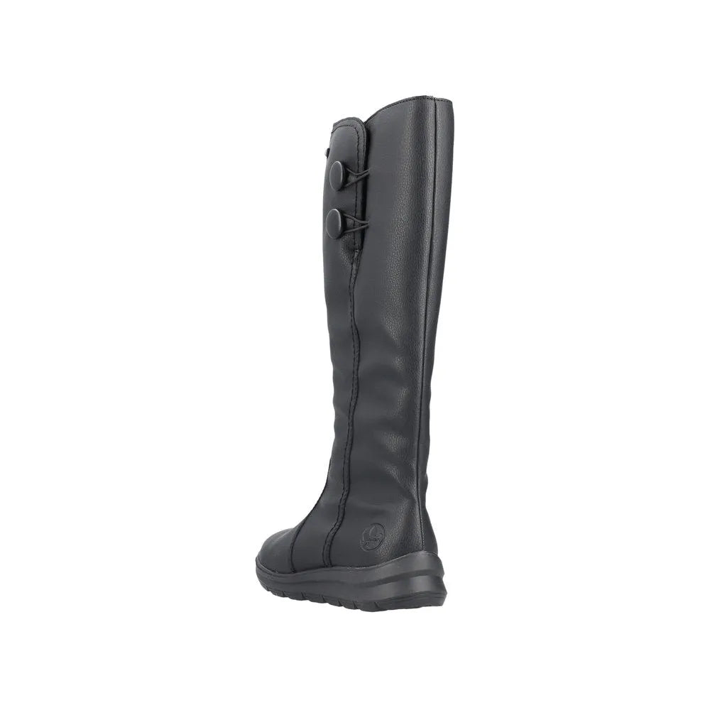 Rieker Z0090-00 women's black water-resistant knee-high boots with side zippers and textured sole.