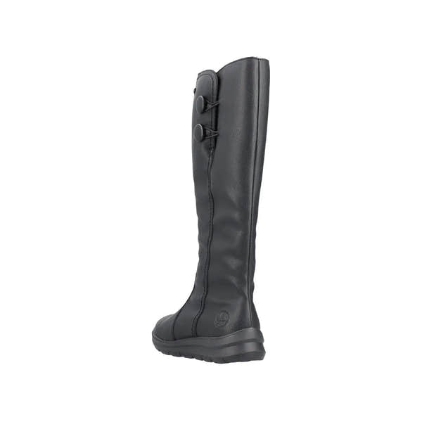 Rieker Z0090-00 women's black water-resistant knee-high boots with side zippers and textured sole.