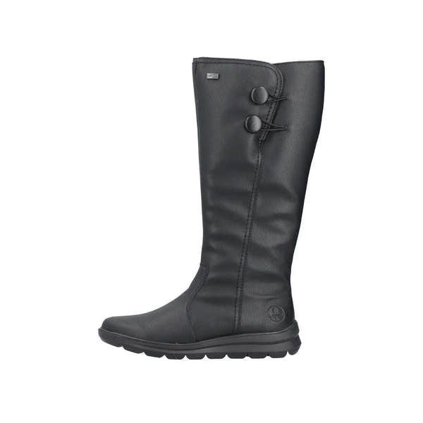 Rieker Z0090-00 women's black water-resistant knee-high boots with side zippers and slip-resistant sole.