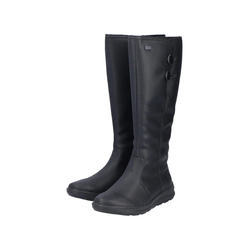 Rieker Z0090-00 women's black water-resistant knee-high boots with side zippers and secure button details.