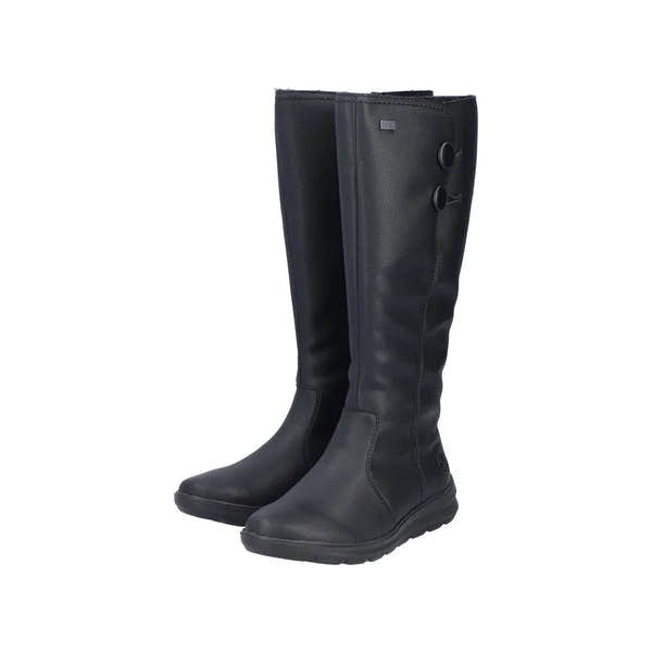 Rieker Z0090-00 women's black water-resistant knee-high boots with side zippers and secure button details.