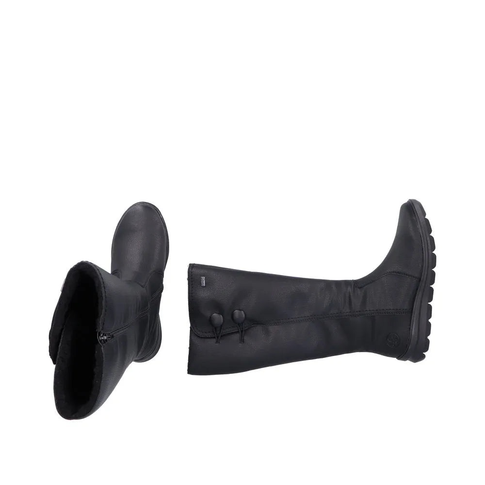 Rieker Z0090-00 Ladies Black Water-Resistant Side Zip Knee-High Boots with cushioned insoles and chunky sole.