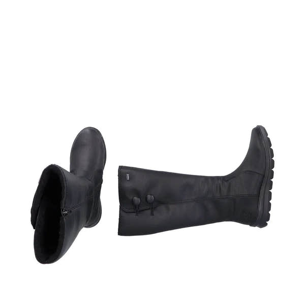 Rieker Z0090-00 Ladies Black Water-Resistant Side Zip Knee-High Boots with cushioned insoles and chunky sole.