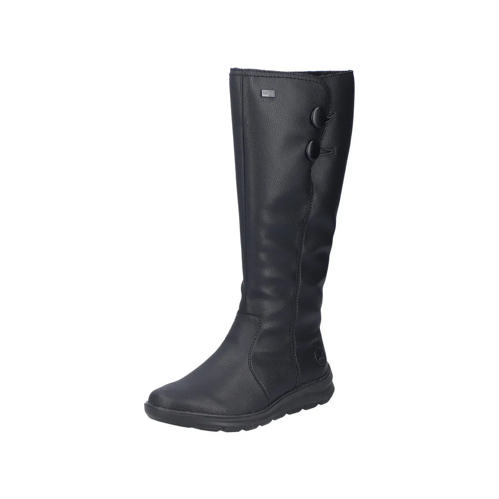 Rieker Z0090-00 women's black water-resistant knee-high boots with side zipper and low wedge heel.