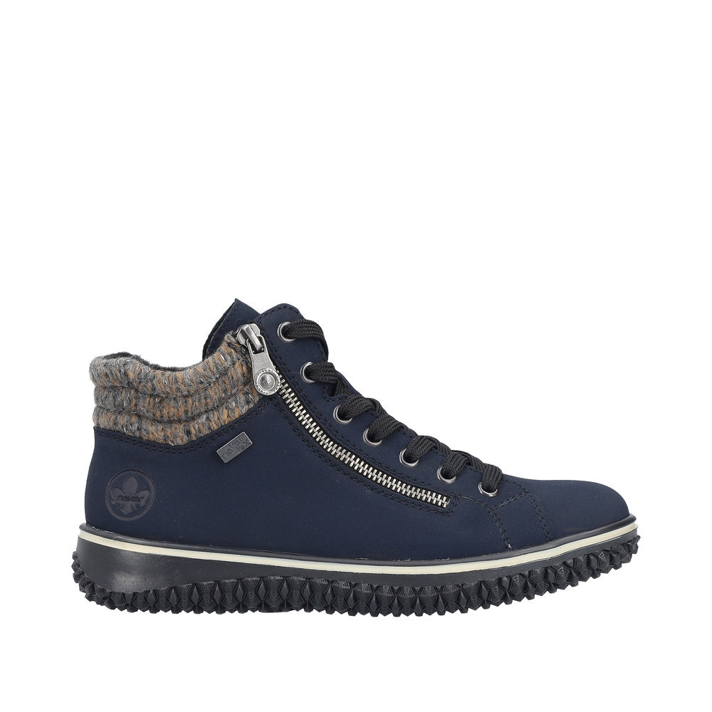 Rieker Z4263-14 women's navy blue water-resistant ankle boots with zip, lace-up design, and knit collar.