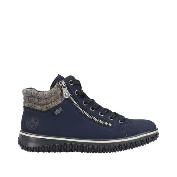 Rieker Z4263-14 women's navy blue water-resistant ankle boots with zip, lace-up design, and knit collar.