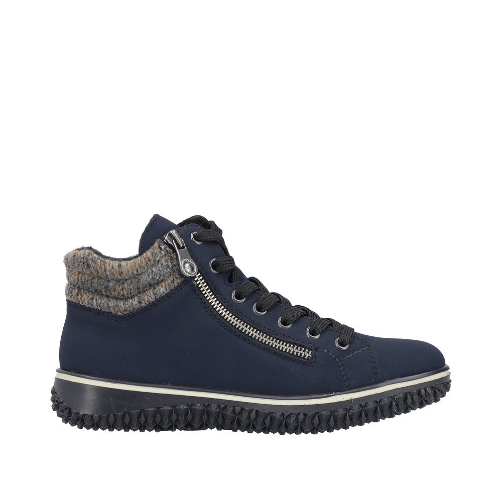 Rieker Z4263-14 women's navy water-resistant ankle boots with zip, lace-up closure, and cozy knit collar.
