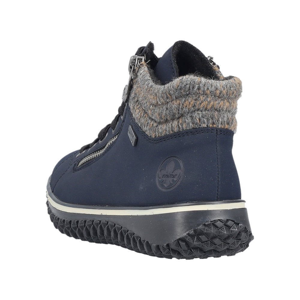 Rieker Z4263-14 women's blue water-resistant ankle boots with zip, lace-up, and knitted collar for winter wear.