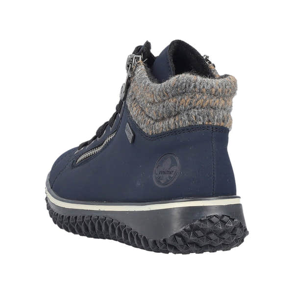 Rieker Z4263-14 women's blue water-resistant ankle boots with zip, lace-up, and knitted collar for winter wear.