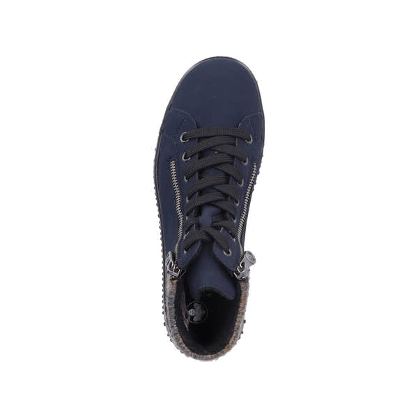 Rieker Z4263-14 ladies blue water-resistant ankle boots with zip and lace-up front, featured from an overhead view.