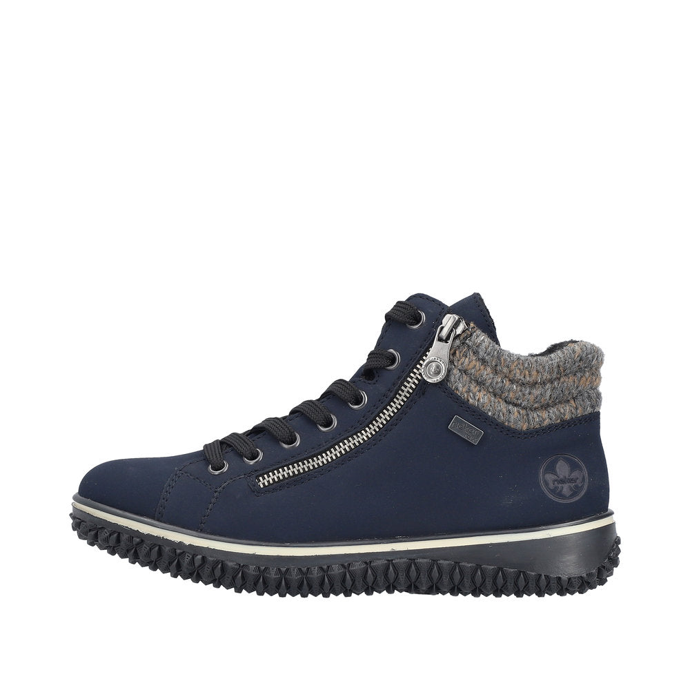 Rieker Z4263-14 women's blue waterproof ankle boots with lace-up front, side zipper, and knitted collar for added comfort.