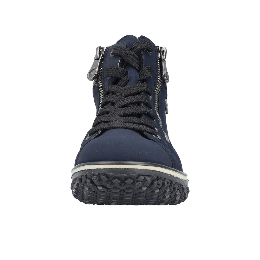 Rieker Z4263-14 Ladies Blue Water-Resistant Zip & Lace Ankle Boots with rugged sole and zipper detailing.