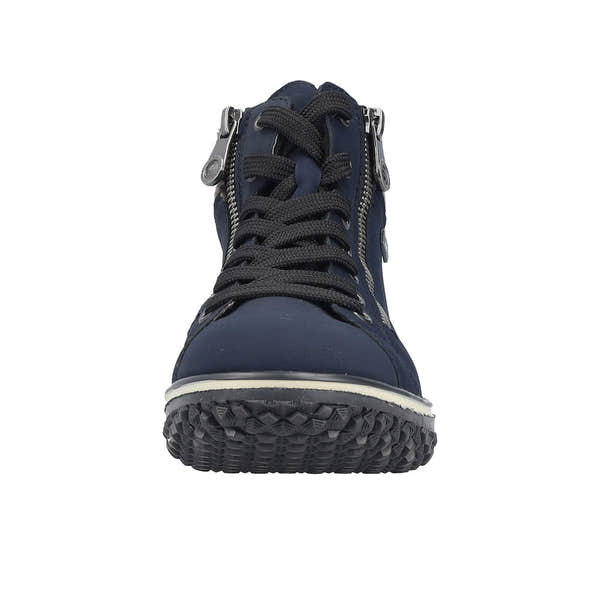 Rieker Z4263-14 Ladies Blue Water-Resistant Zip & Lace Ankle Boots with rugged sole and zipper detailing.