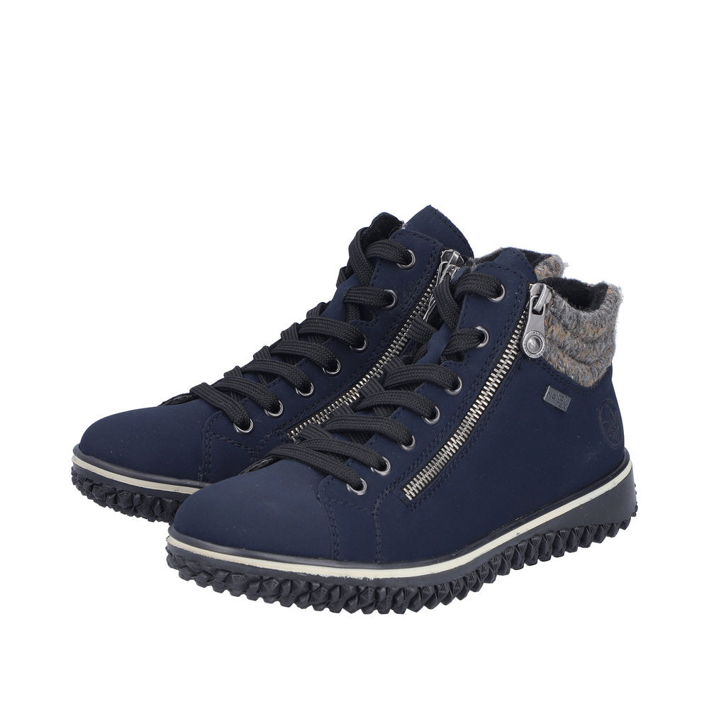 Rieker Z4263-14 women's blue water-resistant ankle boots with zip and lace-up closure, knit collar, and rugged outsole.