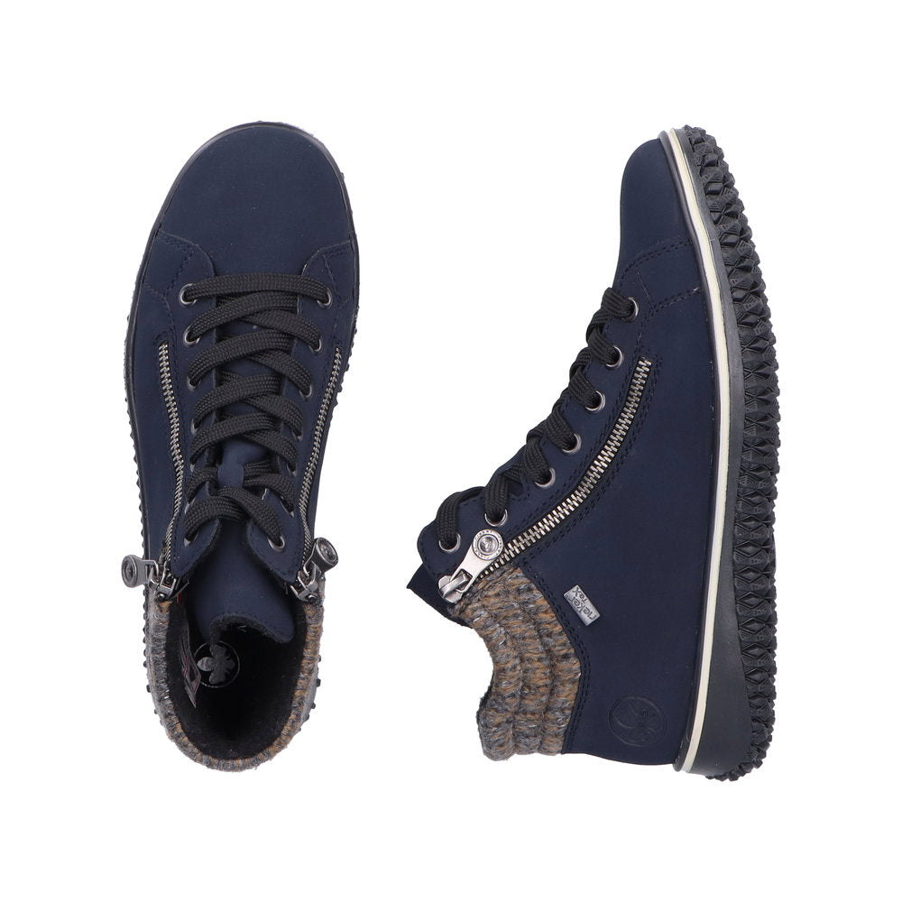 Rieker Z4263-14 women's blue water-resistant ankle boots with zip, lace-up design, and textured sole.