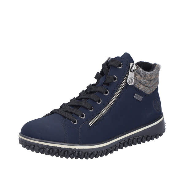 Rieker Z4263-14 women's blue water-resistant ankle boots with zip and lace-up closure, featuring a grey knit collar and rugged sole.