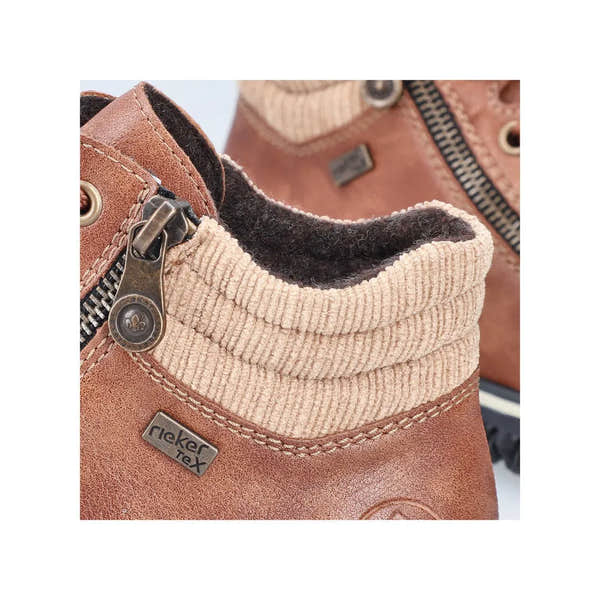 Rieker Z4263-24 women's water-resistant brown ankle boots with zip, lace details, and cozy fleece lining.
