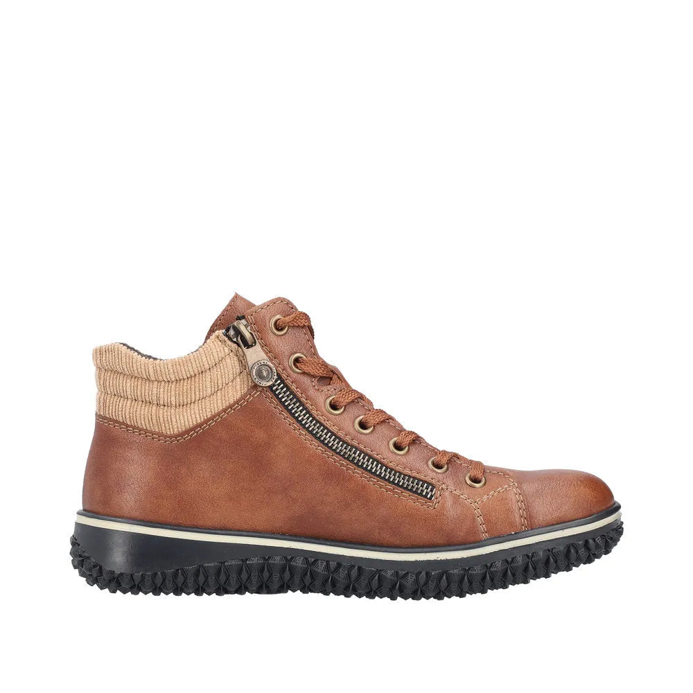 Rieker Z4263-24 women's brown water-resistant ankle boots with lace-up and zip closure, padded collar, rugged outsole.