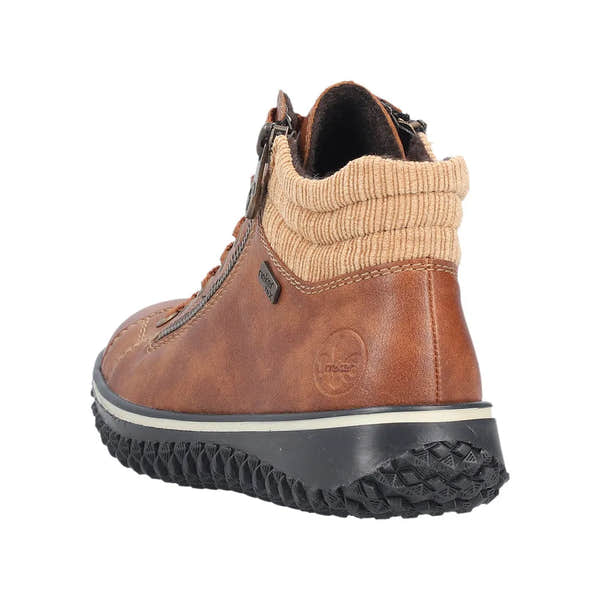 Rieker Z4263-24 women's brown water-resistant ankle boots with zipper and lace-up, cushioned collar, and textured rubber sole.