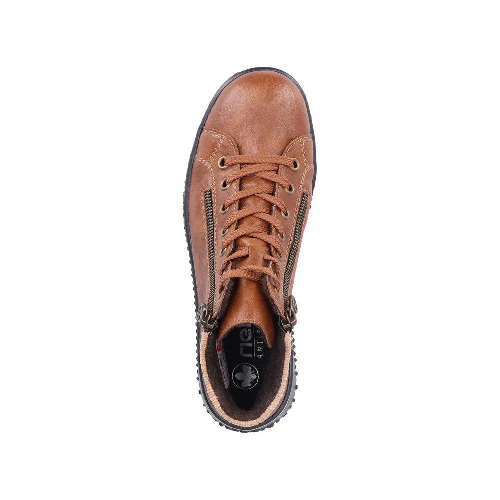 Rieker Z4263-24 women's brown water-resistant ankle boots with zip and lace closure, anti-slip sole.