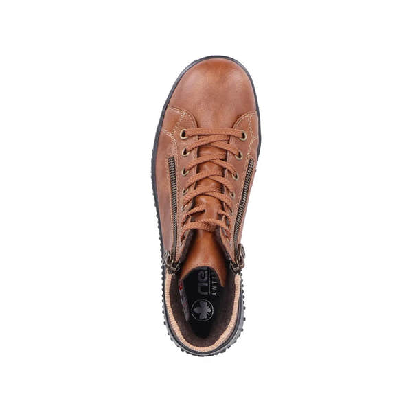 Rieker Z4263-24 women's brown water-resistant ankle boots with zip and lace closure, anti-slip sole.