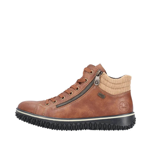 Rieker Z4263-24 women's water-resistant brown ankle boots with lace-up and zipper detail, cushioned collar, and rugged rubber sole.