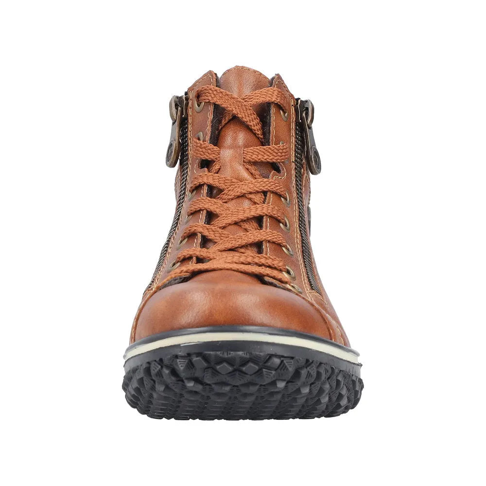 Rieker Z4263-24 women's brown water-resistant ankle boots with zip and lace-up closure, rugged outsole, and stylish design.