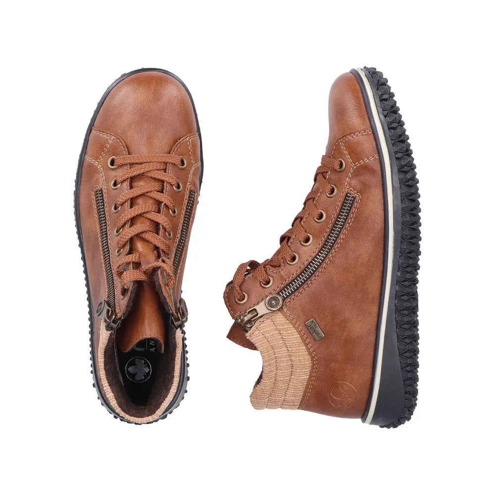 Rieker Z4263-24 women's brown water-resistant ankle boots with zip and lace-up design, slip-resistant sole.