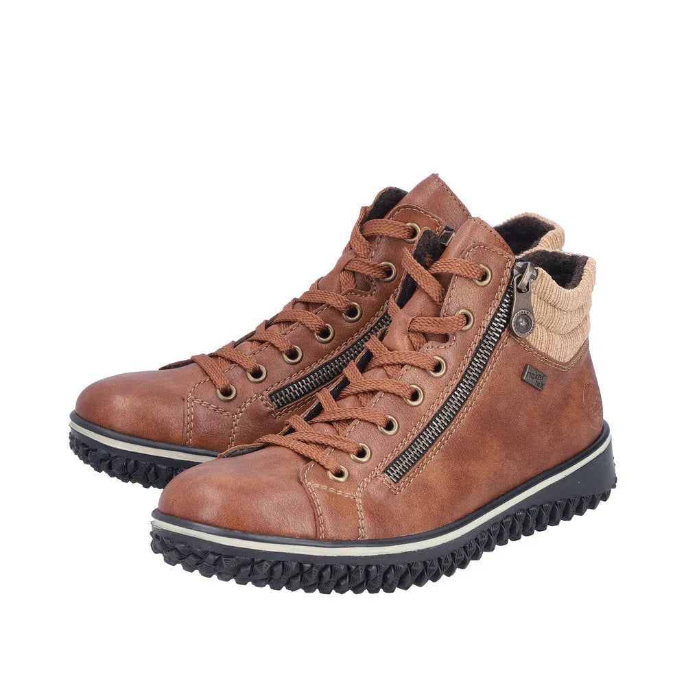 Rieker Z4263-24 women's brown water-resistant ankle boots with zip and lace-up closure, rugged sole, and stylish detail.