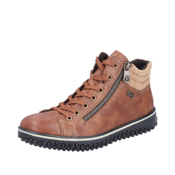 Rieker Z4263-24 women's brown water-resistant ankle boots with zip, lace-up, and rugged sole for outdoor wear.