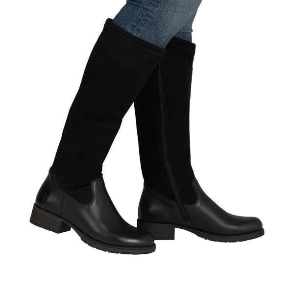 Rieker Z9551-00 women’s black leather knee-high boots with side zipper and low block heel.