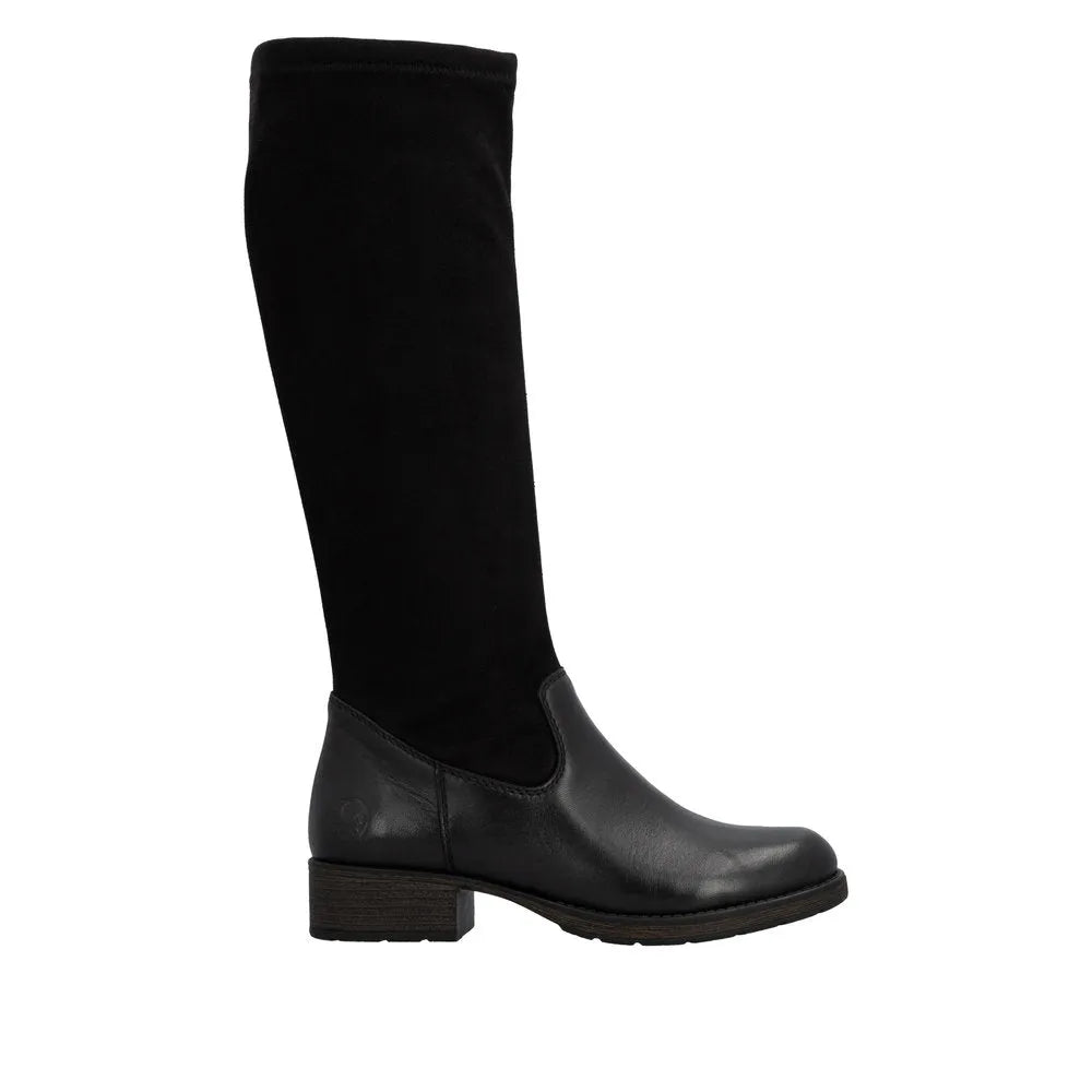 Rieker Z9551-00 women's black leather knee-high boots with side zipper and low block heel.