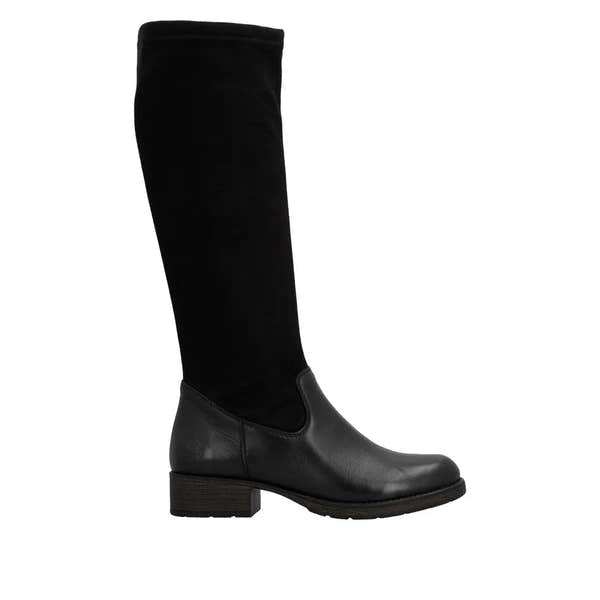 Rieker Z9551-00 women's black leather knee-high boots with side zipper and low block heel.
