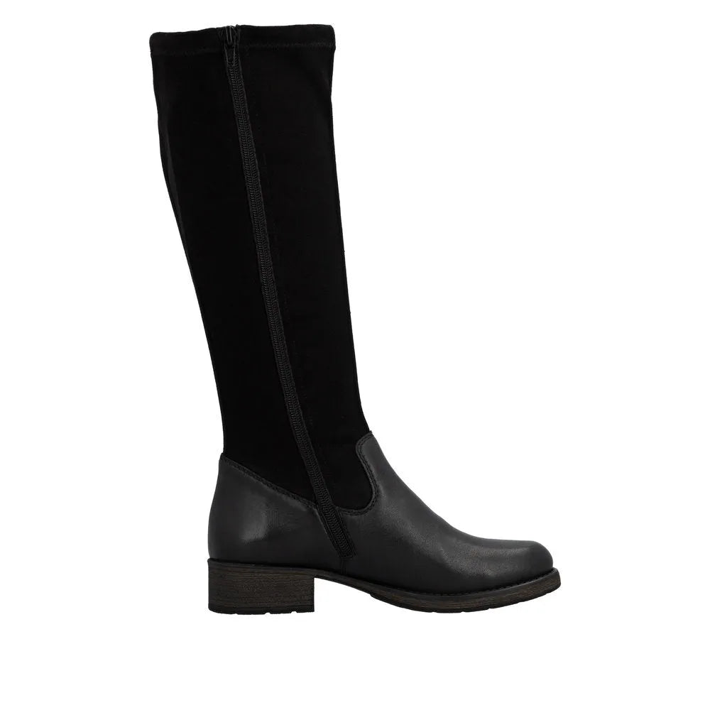 Rieker Z9551-00 women's black knee-high boots with leather toe cap and side zipper, stylish and comfortable for winter wear.