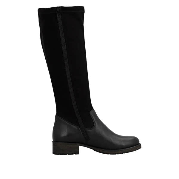 Rieker Z9551-00 women's black knee-high boots with leather toe cap and side zipper, stylish and comfortable for winter wear.