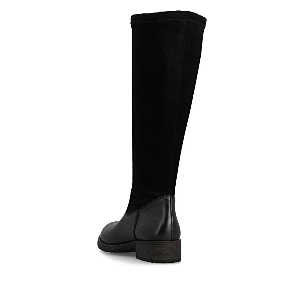 Rieker Z9551-00 women's black knee-high leather boots with side zipper and block heel.