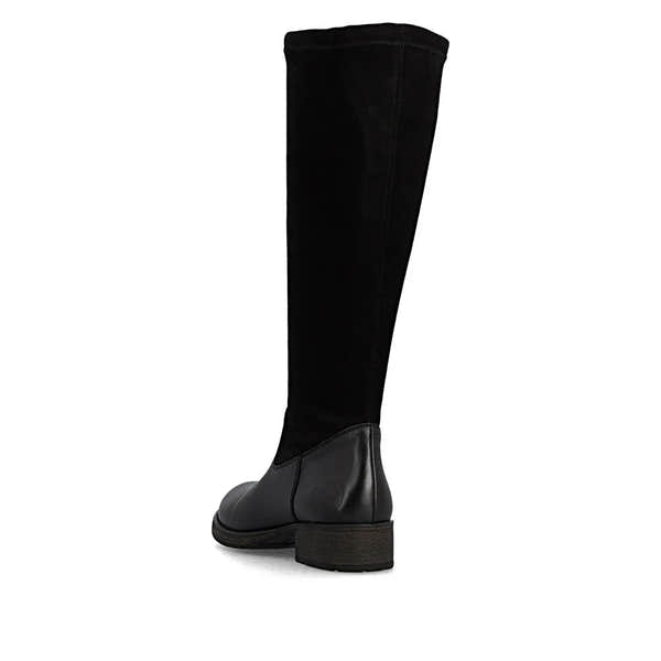 Rieker Z9551-00 women's black knee-high leather boots with side zipper and block heel.